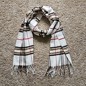Cashmink plaid scarf, white, browns, red and black